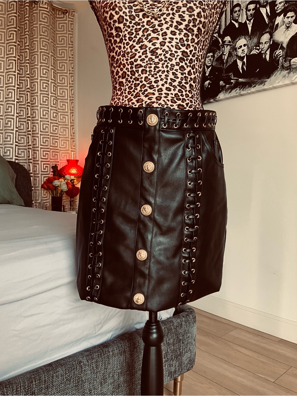 Fashion Nova Luxe Black Faux Leather Mini Skirt with Big Gold Buttons - Picture 10 of 11